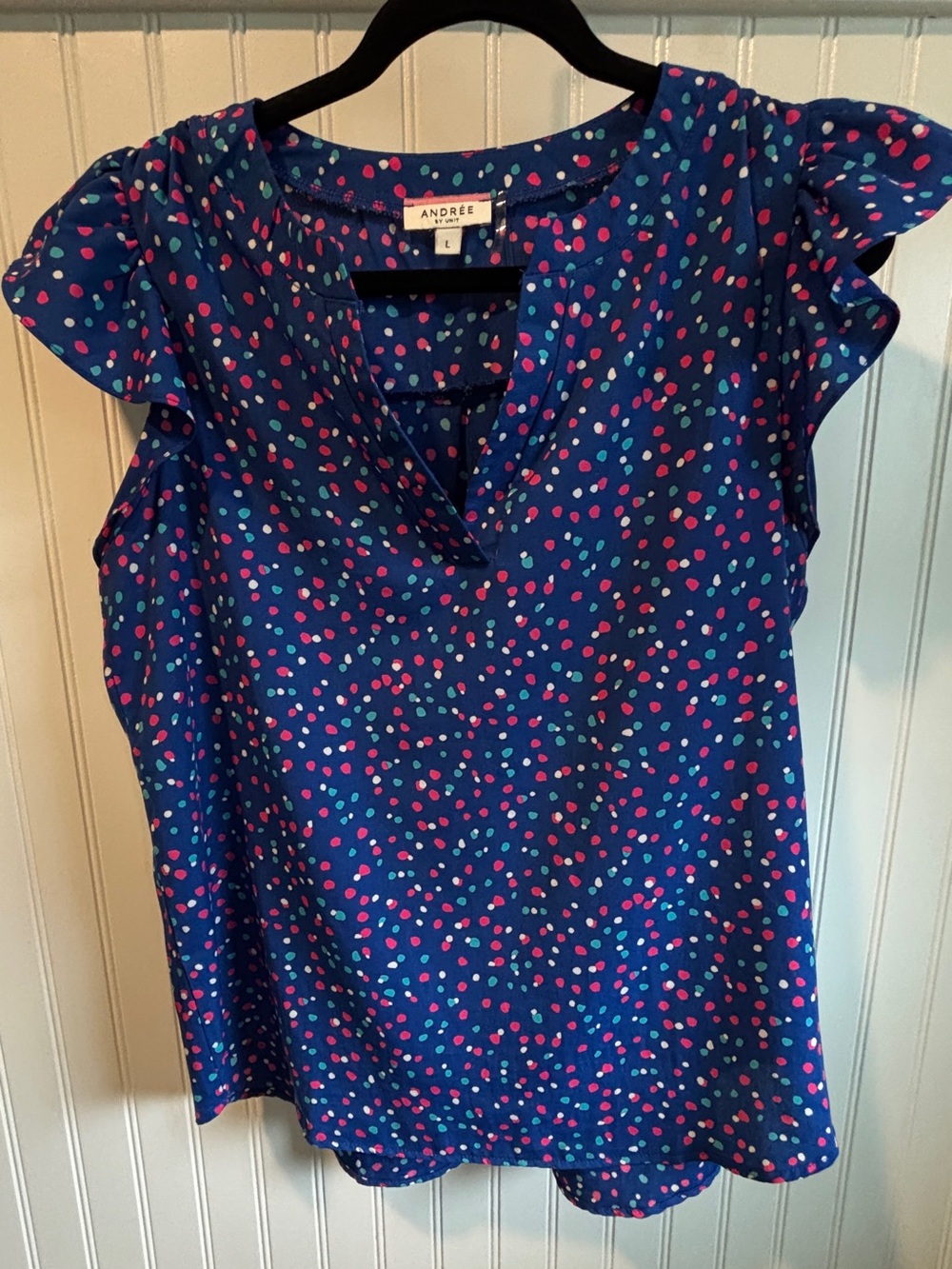 Andree by Unit blue pink and white Dot Ruffle Sleeve Blouse